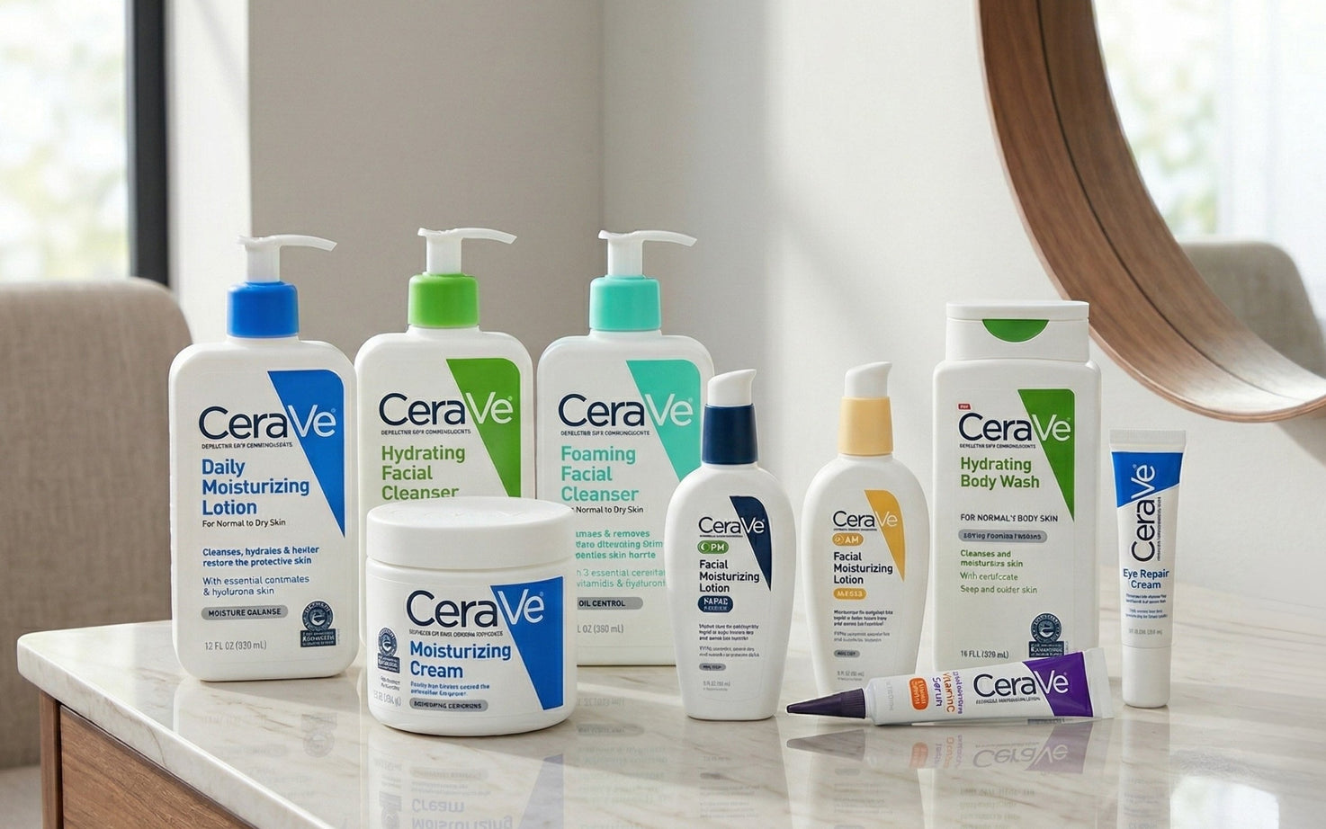 Colección de productos CeraVe para distintos tipos de piel, mostrados en un tocador frente a un espejo.