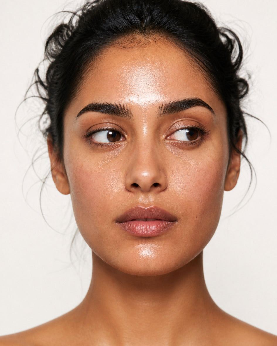 Retrato de mujer de piel morena con piel brillante en la frente y las mejillas con ligero enrojecimiento y piel mas seca, caracteristicas de la piel mixta