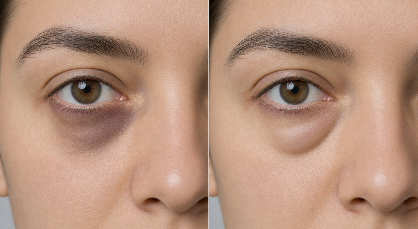 Diferencia visual entre ojeras (coloración oscura) y bolsas bajo los ojos (relieve por volumen)