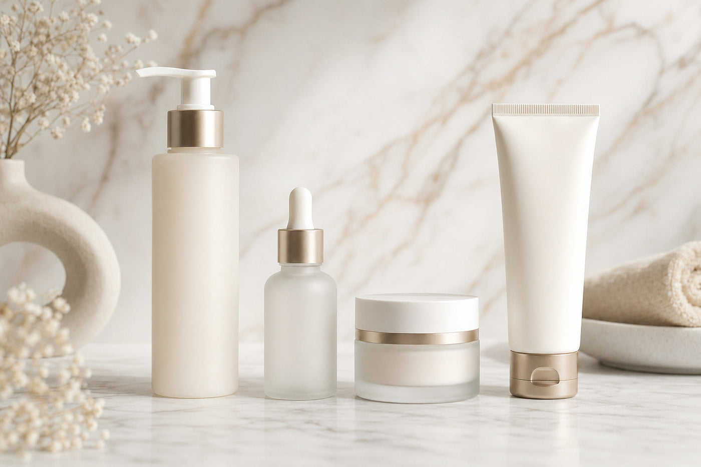 Productos de skincare ordenados sobre superficie blanca.