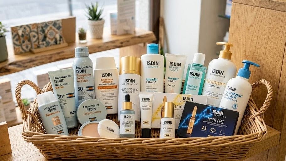 Una canasta de mimbre llena de una amplia variedad de productos ISDIN, incluyendo fotoprotectores Fusion Water, sérums de ISDINceutics, geles de baño y lociones corporales.
