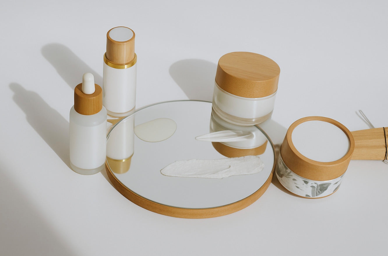Cuatro productos de skincare sobre mesa blanca rodeando un espejo.